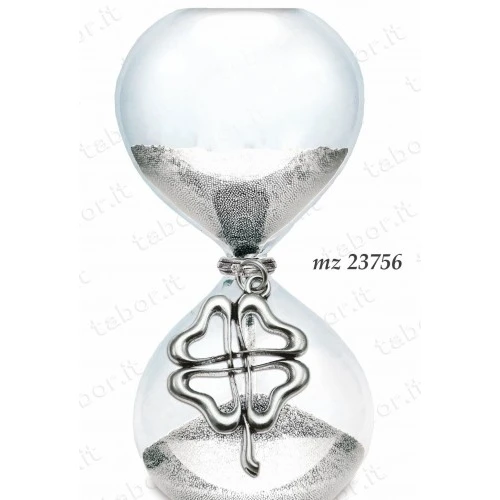 Bomboniera clessidra sabbia argento con quadrifoglio