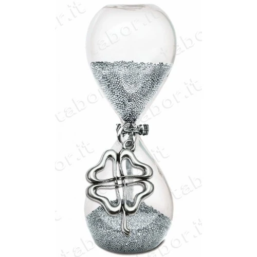 Bomboniera clessidra sabbia argento quadrifoglio