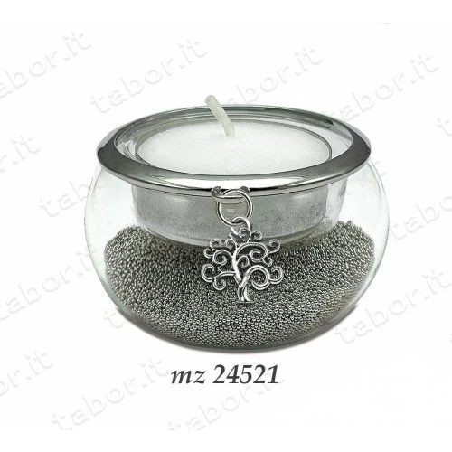 Bomboniera portacandela vetro con perline argento ciondolo albero della vita