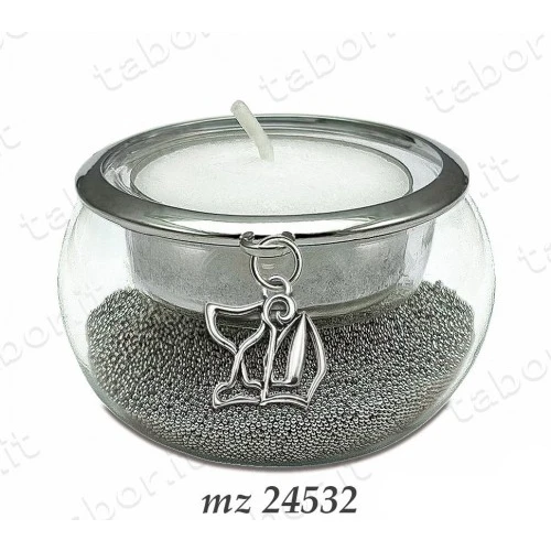 Bomboniera portacandela vetro con perline argento ciondolo calice comunione cresima