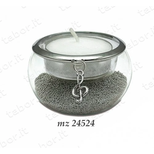 Bomboniera portacandela vetro con perline argento ciondolo chiave di violino