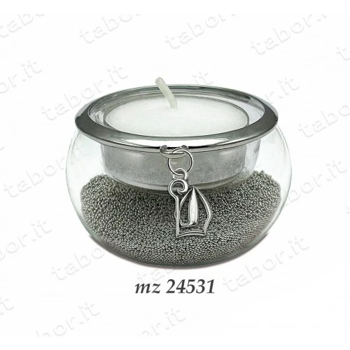 Bomboniera portacandela vetro con perline argento ciondolo cresima