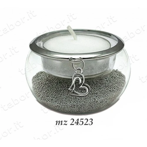 Bomboniera portacandela vetro con perline argento ciondolo cuore