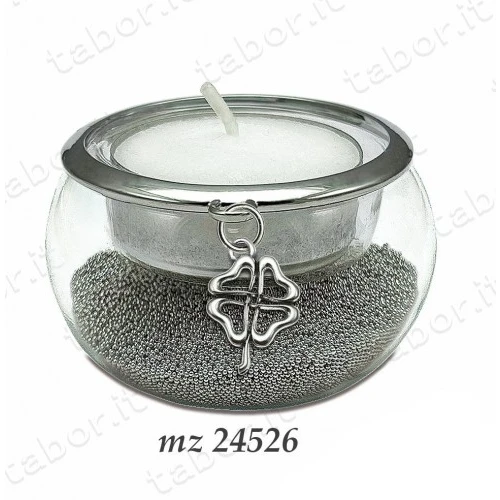 Bomboniera portacandela vetro con perline argento ciondolo quadrifoglio