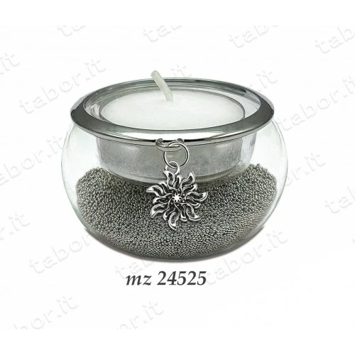 Bomboniera portacandela vetro con perline argento ciondolo sole