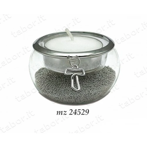 Bomboniera portacandela vetro con perline argento ciondolo tau