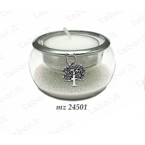 Bomboniera portacandela vetro con perline bianche ciondolo albero della vita