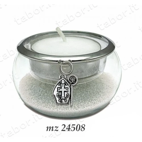 Bomboniera portacandela vetro con perline bianche ciondolo cresima