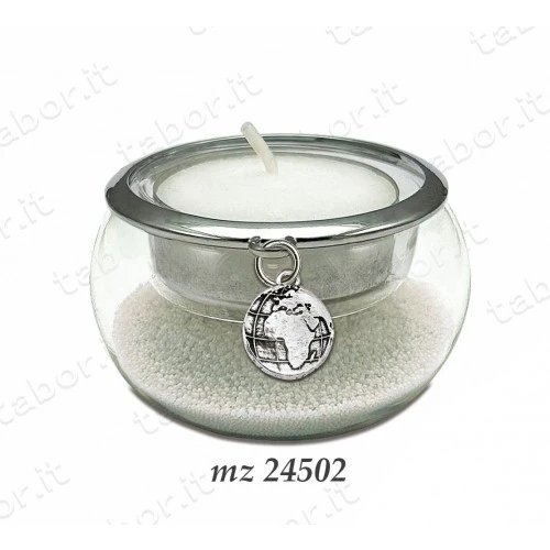 Bomboniera portacandela vetro con perline bianche ciondolo globo