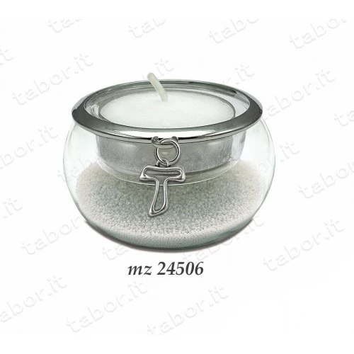 Bomboniera portacandela vetro con perline bianche ciondolo tau