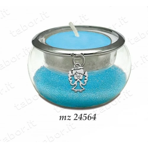 Bomboniera portacandela vetro con perline celesti ciondolo angelo