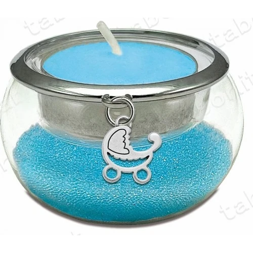 Bomboniera portacandela vetro con perline celesti ciondolo carrozzina