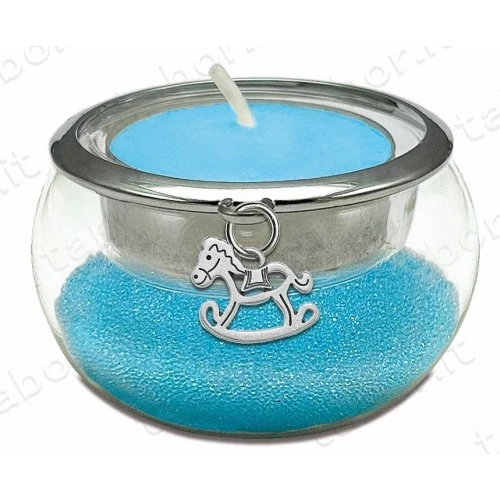 Bomboniera portacandela vetro con perline celesti ciondolo cavallino