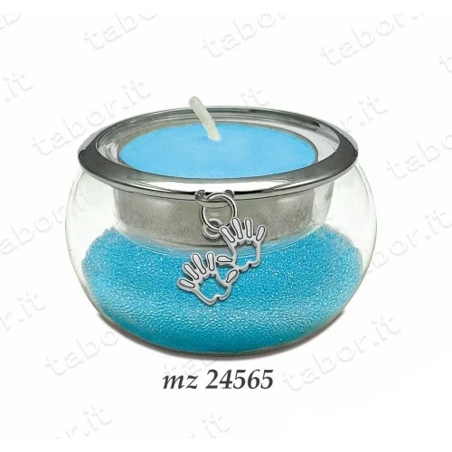 Bomboniera portacandela vetro con perline celesti ciondolo manine