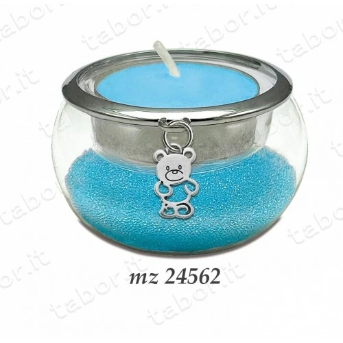 Bomboniera portacandela vetro con perline celesti ciondolo orsetto