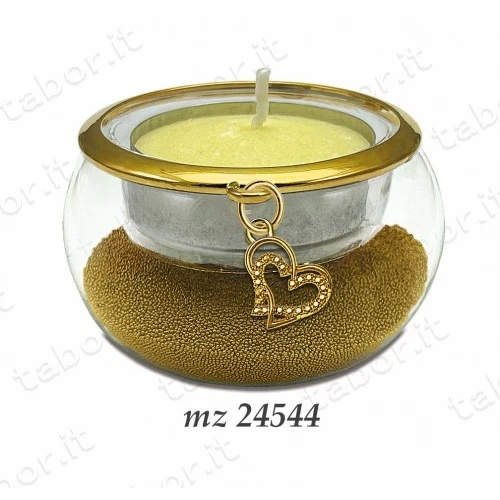 Bomboniera portacandela vetro con perline oro ciondolo cuore