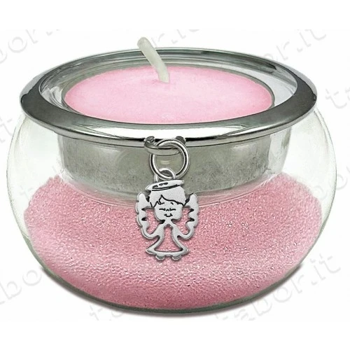 Bomboniera portacandela vetro con perline rosa ciondolo angelo