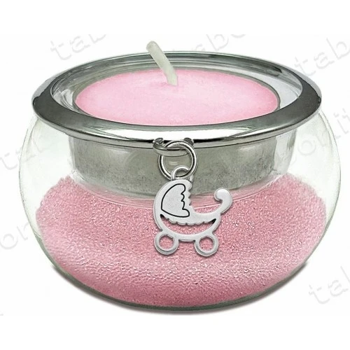 Bomboniera portacandela vetro con perline rosa ciondolo carrozzina