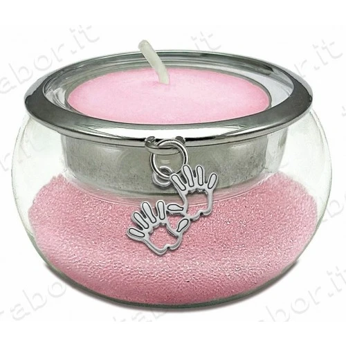 Bomboniera portacandela vetro con perline rosa ciondolo manine