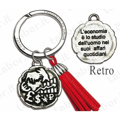 Bomboniera portachiavi laurea in economia con nappina rossa