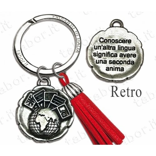 Bomboniera portachiavi laurea in lingue con nappina rossa