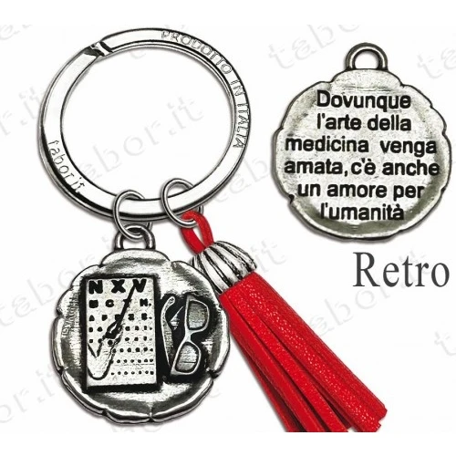 Bomboniera portachiavi laurea in oculistica con nappina rossa