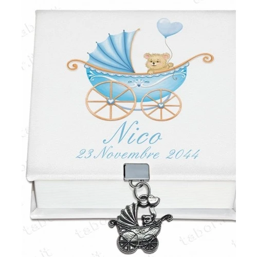 Bomboniera scatola degustazione personalizzabile portagioie carrozzina celeste