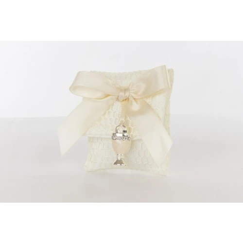 Bomboniera Solidale Comunione Cuorematto: Bustina a Rete con Ciondolo Calice e Confetti cm.8x9