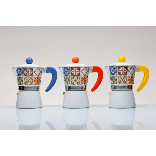 Bomboniera Solidale Cuorematto Sicily: Caffettiera Moka in Alluminio Decorata Maiolica