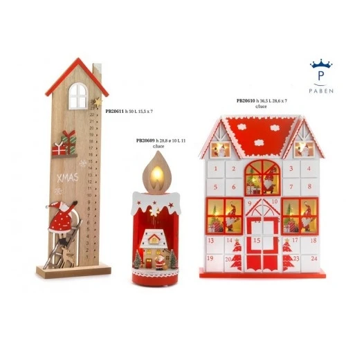 CANDELA CON CASETTA E BABBO NATALE 28.8 CM. LEGNO LUCE
