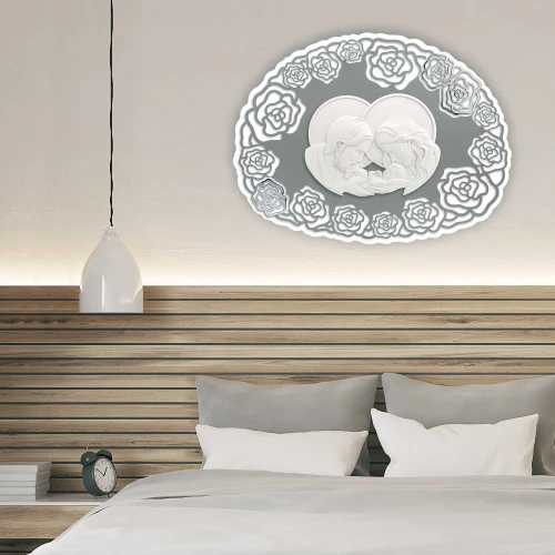 Capezzale con sacra famiglia bianca in stile moderno con rose in argento