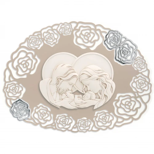 Capezzale con sacra famiglia colorato in stile moderno con rose in argento