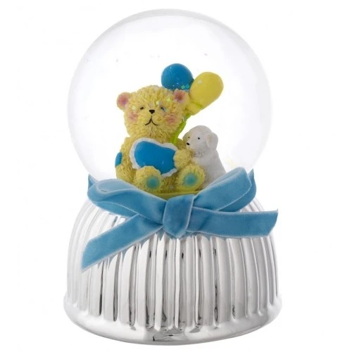 CARILLON BOULE DE NEIGE ORSETTO CON PALLONCINI AZZURRO CM. 9X13