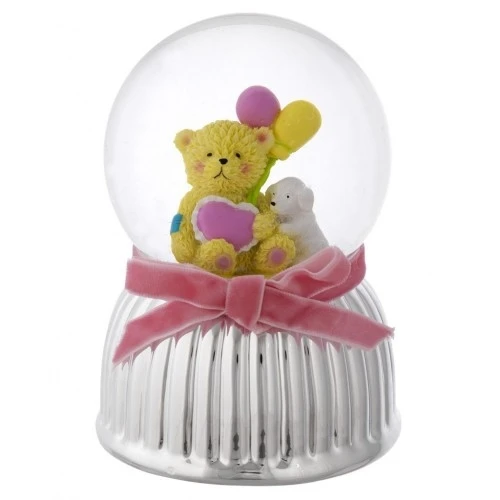 CARILLON BOULE DE NEIGE ORSETTO CON PALLONCINI ROSA CM. 9X13