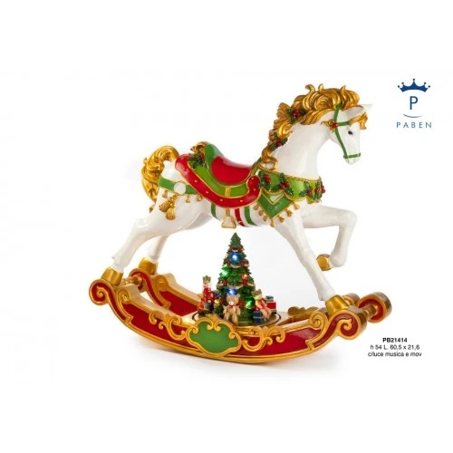 CAVALLO A DONDOLO DECORAZIONE NATALIZIA 54 CM. RESINA LUCI MUSICA MOVIMENTO