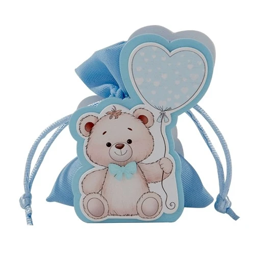Sacchettino Portaconfetti Orsetto con Palloncino a Cuore – Dolcezza per Nascita e Battesimo Celeste 