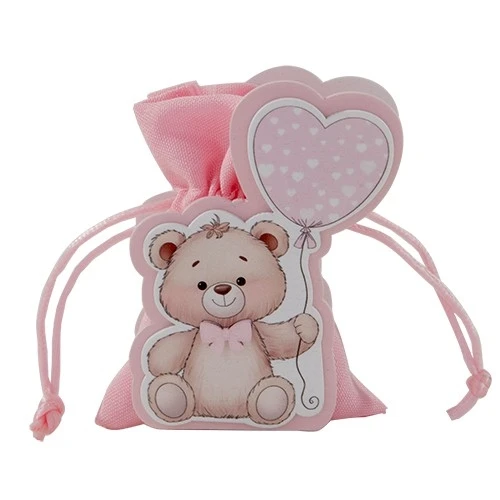 Sacchettino Portaconfetti Orsetto con Palloncino a Cuore – Dolcezza per Nascita e Battesimo Rosa CM.