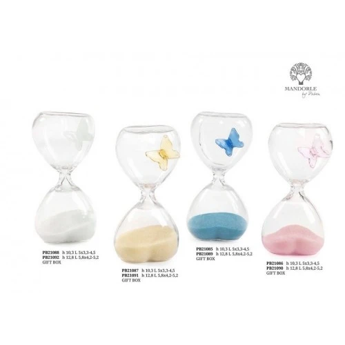 CLESSIDRA A CUORE CON FARFALLA CREMA 10.3 CM. VETRO G.BOX