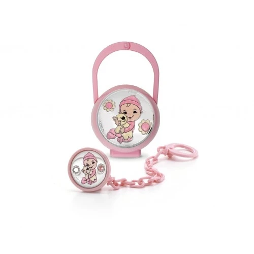 CONFEZIONE PINZA CIUCCIO BIMBO CON PELUCHE ROSA