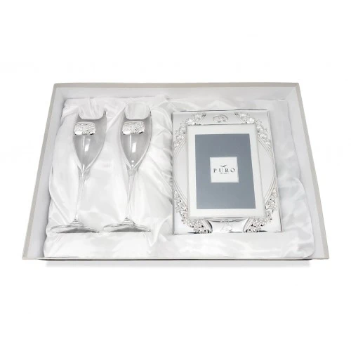 CONFEZIONE COPPIA FLUTE E PORTAFOTO 15X20 NOZZE D'ARGENTO