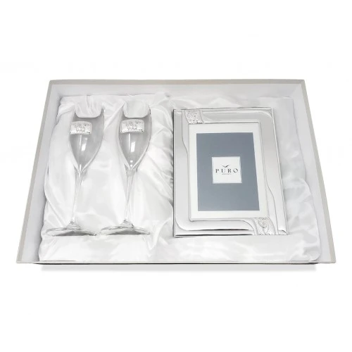 CONFEZIONE COPPIA FLUTE 25° NOZZE D'ARGENTO E PORTAFOTO 15X20