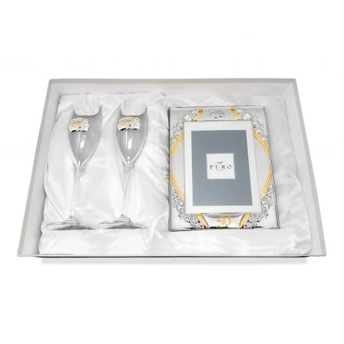 CONFEZIONE FLUTE E PORTAFOTO CM.15X20 NOZZE D'ORO