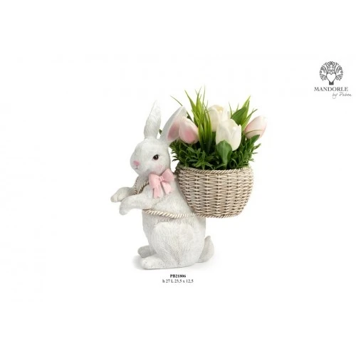 VASO CONIGLIO CON CESTA DI TULIPANI 27 CM. RESINA