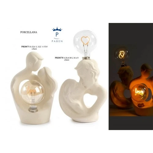 COPPIA INNAMORATI CON LAMPADA CUORE 30 CM. PORCELLANA VETRO