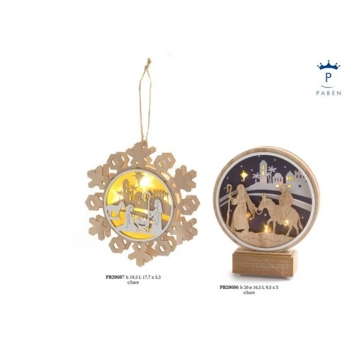 CRISTALLO GHIACCIO CON NATIVITA' 19.3 CM. LEGNO LUCI AP