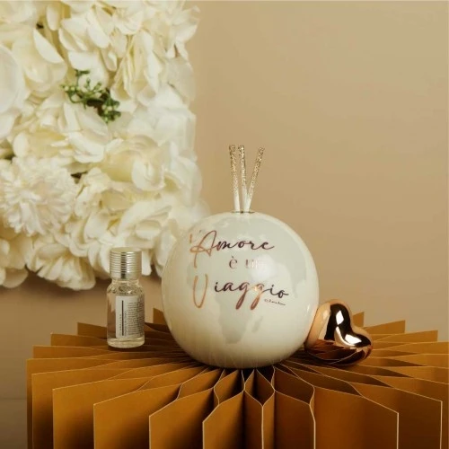 Profumatore Ambiente Globo Claraluna: Bomboniera a Tema Viaggio con cuore oro orsa cm.9,5x9x6