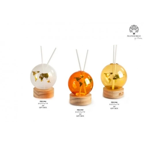 DIFFUSORE CON PLANISFERO 11 CM. VETRO ARANCIONE LEGNO LED G.BOX