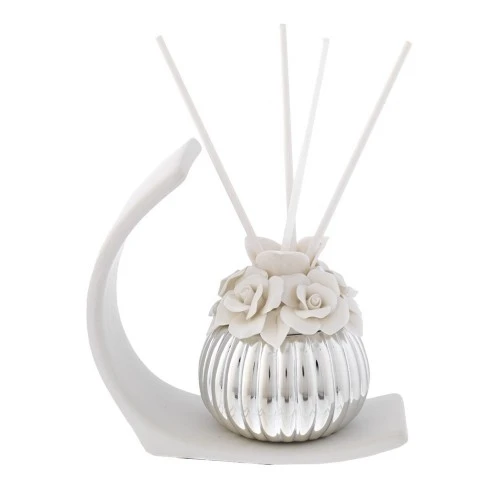 DIFFUSORE CM 9x13 FESONI CON ROSE SU BASE STILIZZATA BIANCA