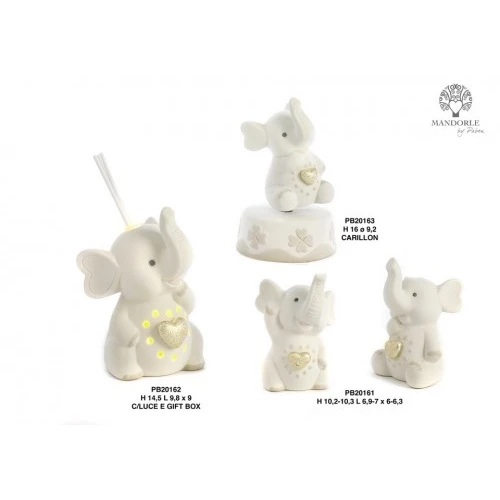 ELEFANTE CON CUORE ORO METAL. 16 CM. PORCELLANA CARILLON