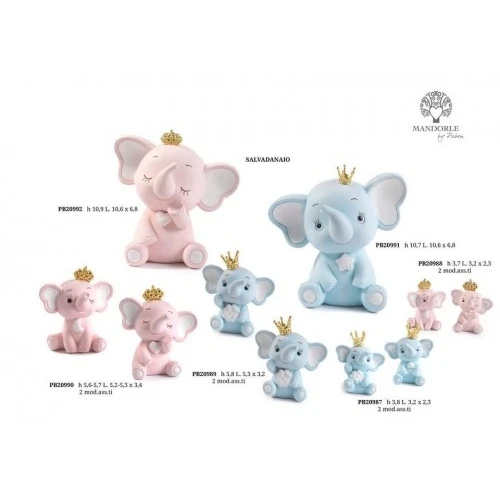 ELEFANTINO SEDUTO CELESTE CON CORONA ORO 3.8 CM. RESINA